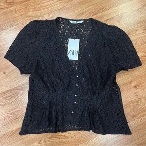 🖤 NWT ZARA v-neck black Lace short sleeve crystal button top shirt XL